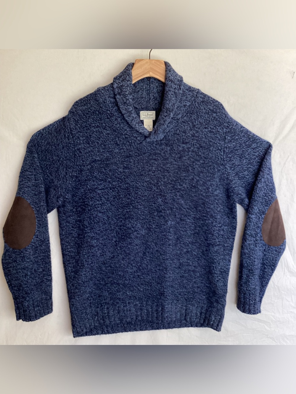 L.L. Bean Heritage Lambswool Shawl Collar Sweater with suede elbow patches